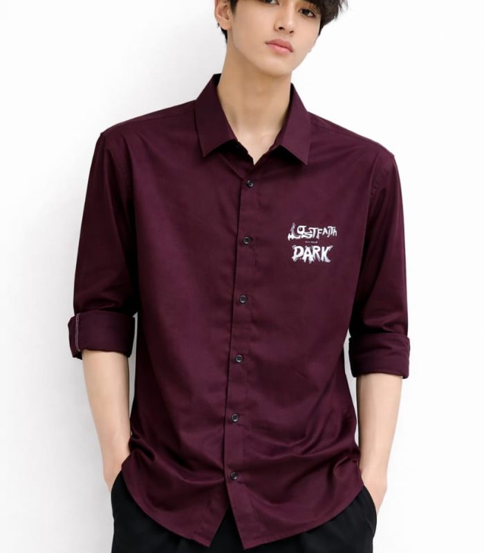 Men’s Maroon Casual Shirt with Graphic Print – Slim Fit