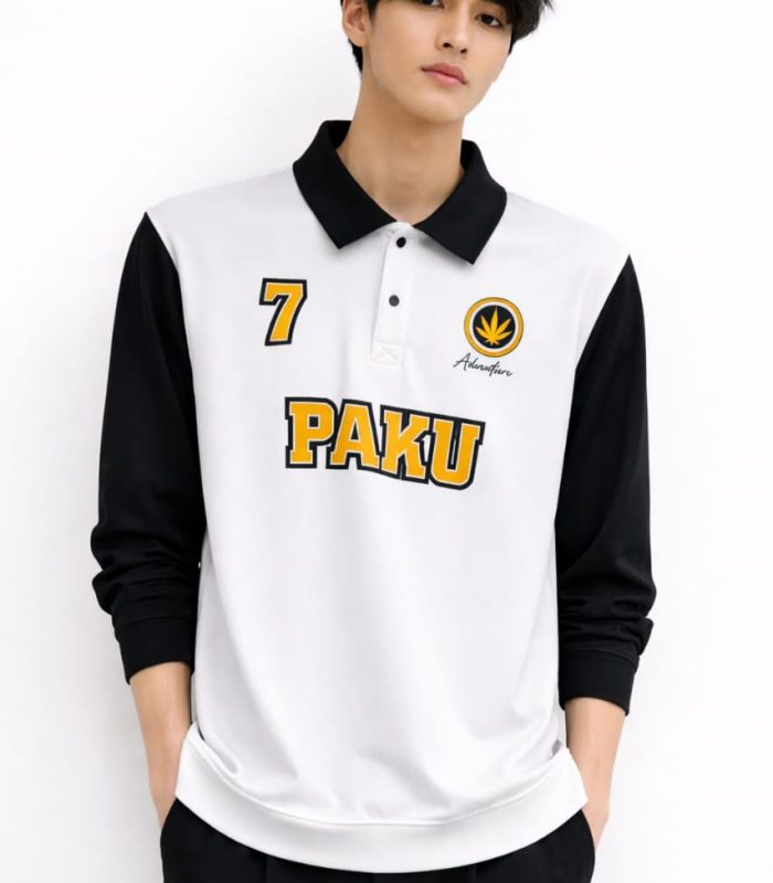 Men’s White & Black Polo Sweatshirt – Printed Casual Streetwear (PAKU Edition)