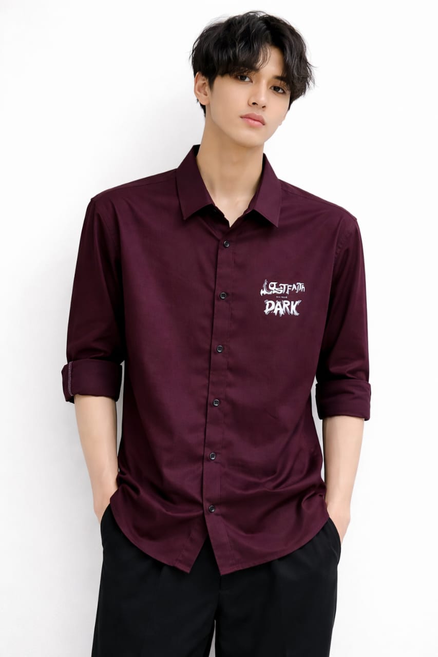 Men’s Maroon Casual Shirt with Graphic Print – Slim Fit