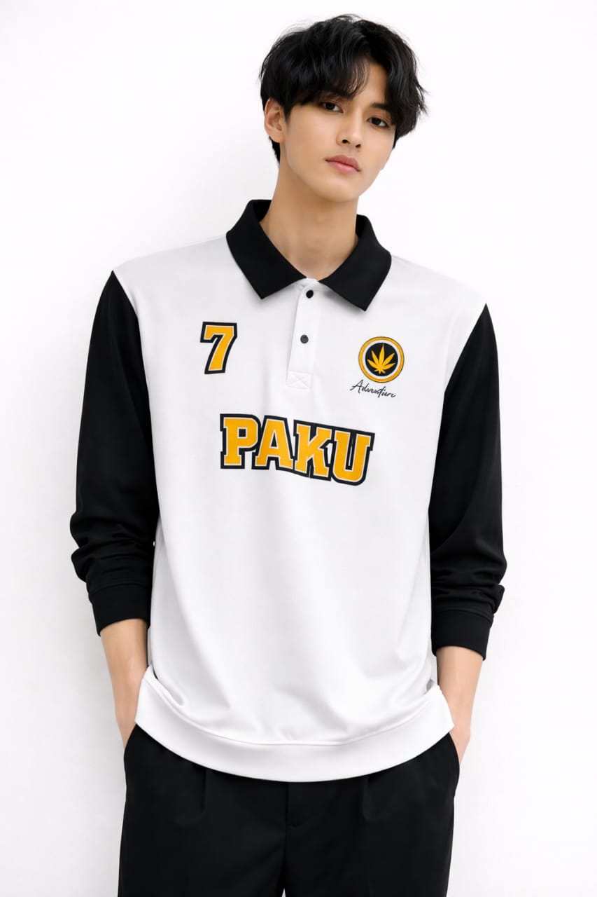 Men’s White & Black Polo Sweatshirt – Printed Casual Streetwear (PAKU Edition)